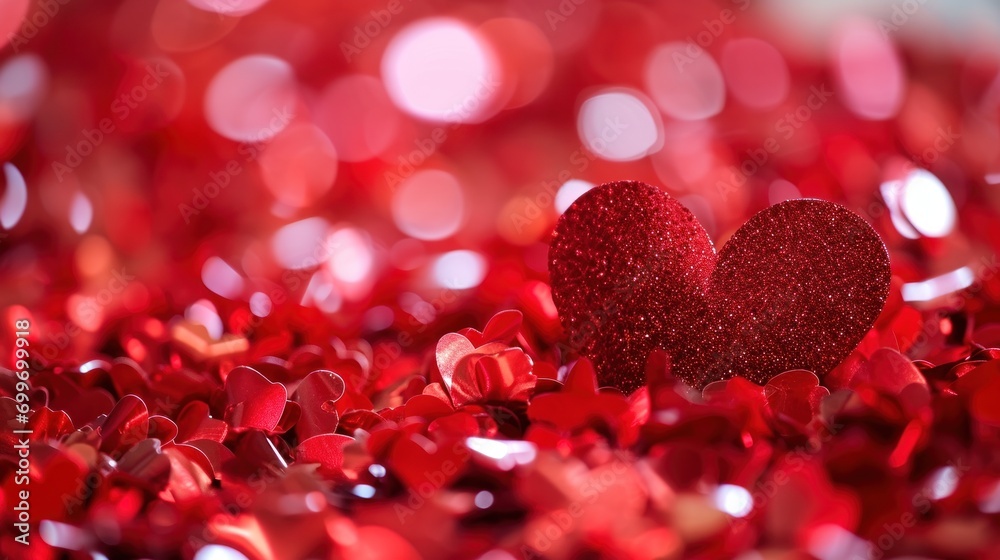 Poster  a couple of red hearts sitting on top of a pile of red confetti flecked in the shape of a heart.