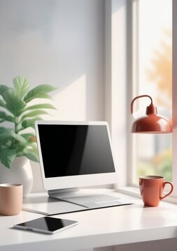 A White Desk With A Laptop And A Cup