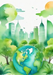 Watercolor Illustration Of A Green Planet With Trees And Buildings In The Background