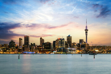 Auckland skyline at sunrise, Auckland, New Zealand
