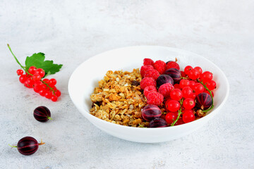 muesli with berries in bowl isolated copy space