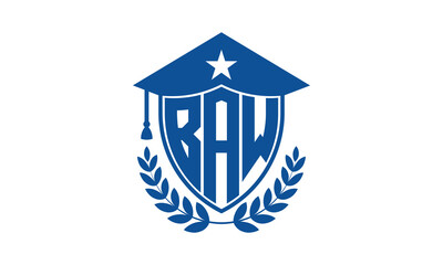 BAW three letter iconic academic logo design vector template. monogram, abstract, school, college, university, graduation cap symbol logo, shield, model, institute, educational, coaching canter, tech