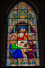 Neogothic stained glass of the Eucharist in the Basilica del Voto Nacional, Basilica of the National Vow, in Quito
