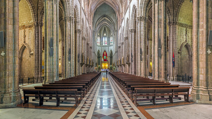 Panoramic view of the central nave of the Basilica del Voto nacional (Basilica of the National Vow) in Quito