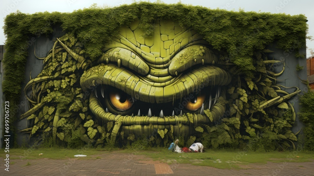 Canvas Prints  a large mural of a green monster with yellow eyes on the side of a building with people sitting in front of it.