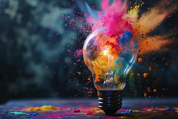 Light bulb with vibrant splashes of colorful powders emanating from it, symbolizing inspiration of a human, on a dark background.