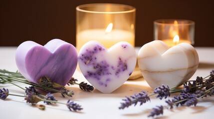  three heart shaped soaps sitting next to each other on a table next to a candle and some lavender flowers.