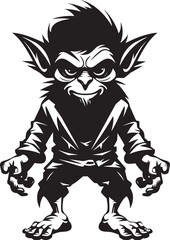 Micro Mayhem Cartoon Goblin Logo Pocket Sized Prankster Black Vector Symbol