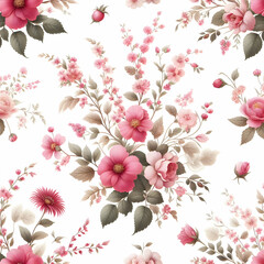 Seamless watercolor floral pattern - pink blush flowers elements, green leaves branches
