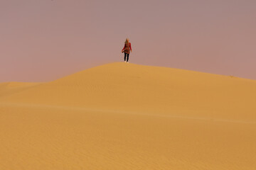 Fototapeta na wymiar A lone woman in the distance atop a sand dune in the Namib desert in Namibia.