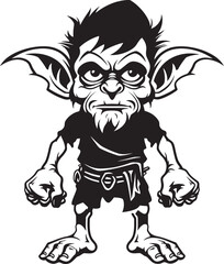 Micro Mayhem Cartoon Goblin Logo Pocket Sized Prankster Black Vector Symbol