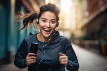 A woman running and listening to music on her phone - obrazy, fototapety, plakaty