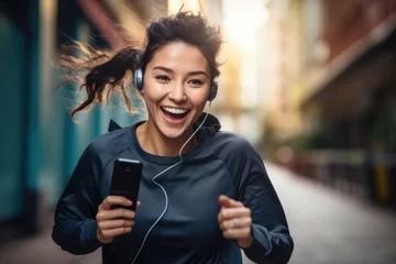 Keuken spatwand met foto A woman running and listening to music on her phone © pham