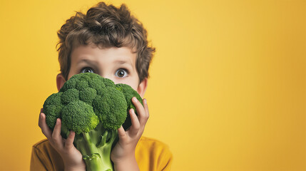 Boy holding a huge broccoli in his hands. Solid yellow background. Copy space. - obrazy, fototapety, plakaty