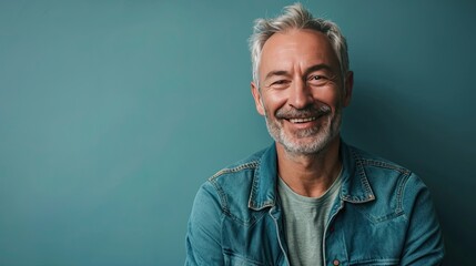 A portrait of a middle-aged man in a stylish outfit on a calming, serene teal backdrop. 