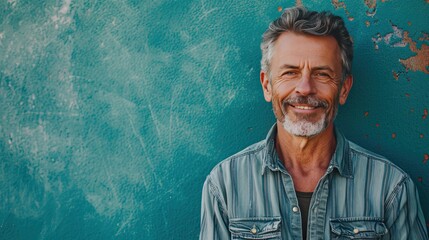 A portrait of a middle-aged man in a stylish outfit on a calming, serene teal backdrop.  - obrazy, fototapety, plakaty