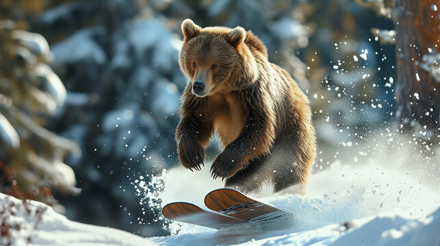 A big brown bear is skiing in a snowy forest. Freeride skiing.