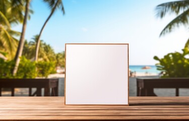 wooden table on the beach background mockup 