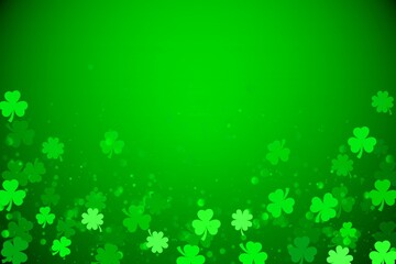 Patrick Day background with Clovers, Shamrocks, and Sparkling light bokeh. Lucky flower-leaves...