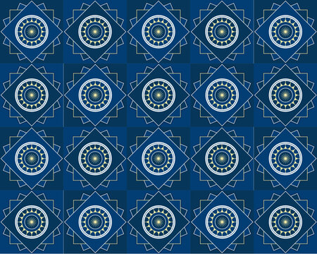 Modern seamless tile or wallpapper pattern in gold, blue and white.