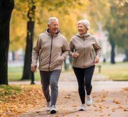 Obraz premium A man and a woman are jogging in the park