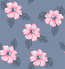 allover pink vector flower Pattern on grey background.