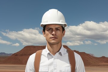 A man wearing a white hard hat and suspenders