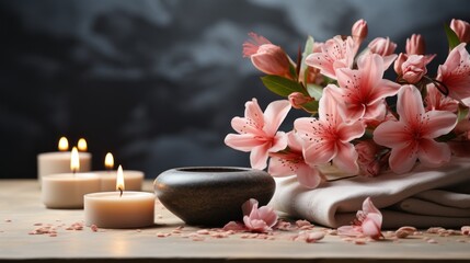 Obraz na płótnie Canvas Spa and wellness setting with frangipani flower and towels.