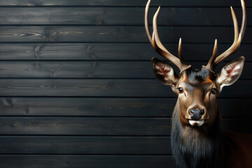 stuffed deer head on a dark wooden wall - obrazy, fototapety, plakaty
