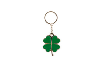 Clover keychain with key ring isolated on white background. Concepts for real estate and moving home or renting property. Buying a property. Mock-up keychain.Copy space.