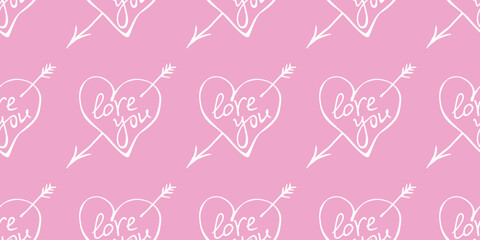 Vector seamless pattern of white doodle hearts with an arrow and lettering love on pink background. Hand drawn texture for wrapping paper, greeting card, Valentine's day, wedding, declaration of love