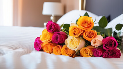 Fototapeta premium Bouquet of roses on the bed