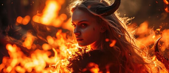 Blond woman transformed into devil, flames, horns, and tail. - obrazy, fototapety, plakaty