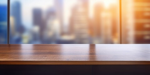 An empty desk with a bokeh background in an office environment in an office building - obrazy, fototapety, plakaty
