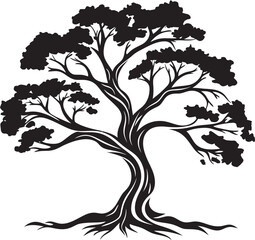 Obraz premium Mystical Canopy Black Vector Tree Mark Riverside Reminiscence Vintage Town Logo