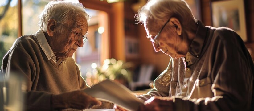 Two elderly residents solving riddles in a nursing home as part of memory exercises.
