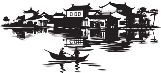 Naklejka premium Riverside Tapestry Vintage Black Vector Design Riverside Reflections Town Black Vector Symbol