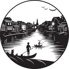 Nostalgic Waterside Black Vector Icon Riverbank Reverie Vintage Town Emblem