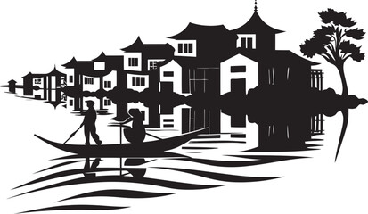 Riverside Tranquility Town Black Vector Emblem Vintage Riverbank Essence Black Vector Design