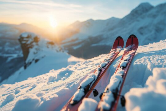 Pair of red alphine skis lying on the white snow on the mountain slope with the sunset view, background, copy space