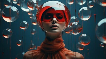 Human expression and the future in the style of futuristic imagery vaporwave made of glass virtual reality Grey blue background, future AI abstract dark gray and crimson translucent planes