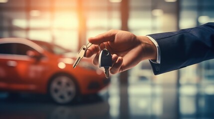 Car salesman giving key to new owner or customer over car dealership background loan, auto business, car sale, transportation, people and ownership concept,  - obrazy, fototapety, plakaty