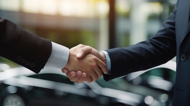 Close up shake right hand business man and show contact on left hand, show sucess contact sell car, blur background show room car 