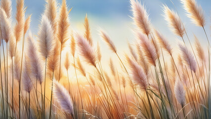 Grass flowers field , White grass in nature with sunlight. - obrazy, fototapety, plakaty