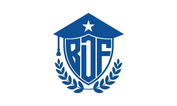 BDF three letter iconic academic logo design vector template. monogram, abstract, school, college, university, graduation cap symbol logo, shield, model, institute, educational, coaching canter, tech