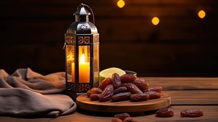 Dates on the table, with Arabic lantern on the table, product display,
