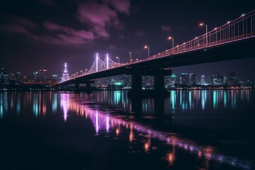 a bridge that is over water with a city in the background at night time with lights on it and a bright purple sky above it. generative ai