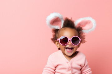 Horizontal banner of African American happy smiling young toddler boy with cute bunny rabbit ears on studio pink background. Empty space place for text, copy paste