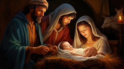 Holy family with baby jesus in the crib in style of raffael baroque painting, christnight © sambath