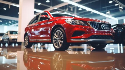 In the car showroom, all kinds of cars are neatly arranged and shining, depth of field control method, mosaic style, UHD, hyper quality